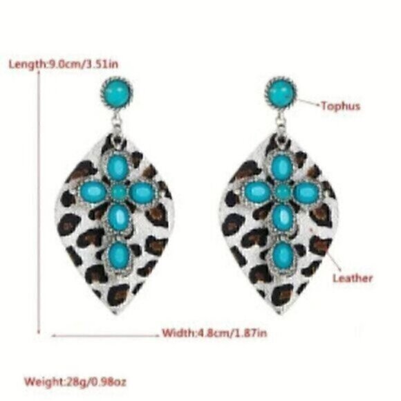 Cross With Turquoise Shiny Rhinestone Decor Leopard Earrings Retro Bohemian - Picture 2 of 2